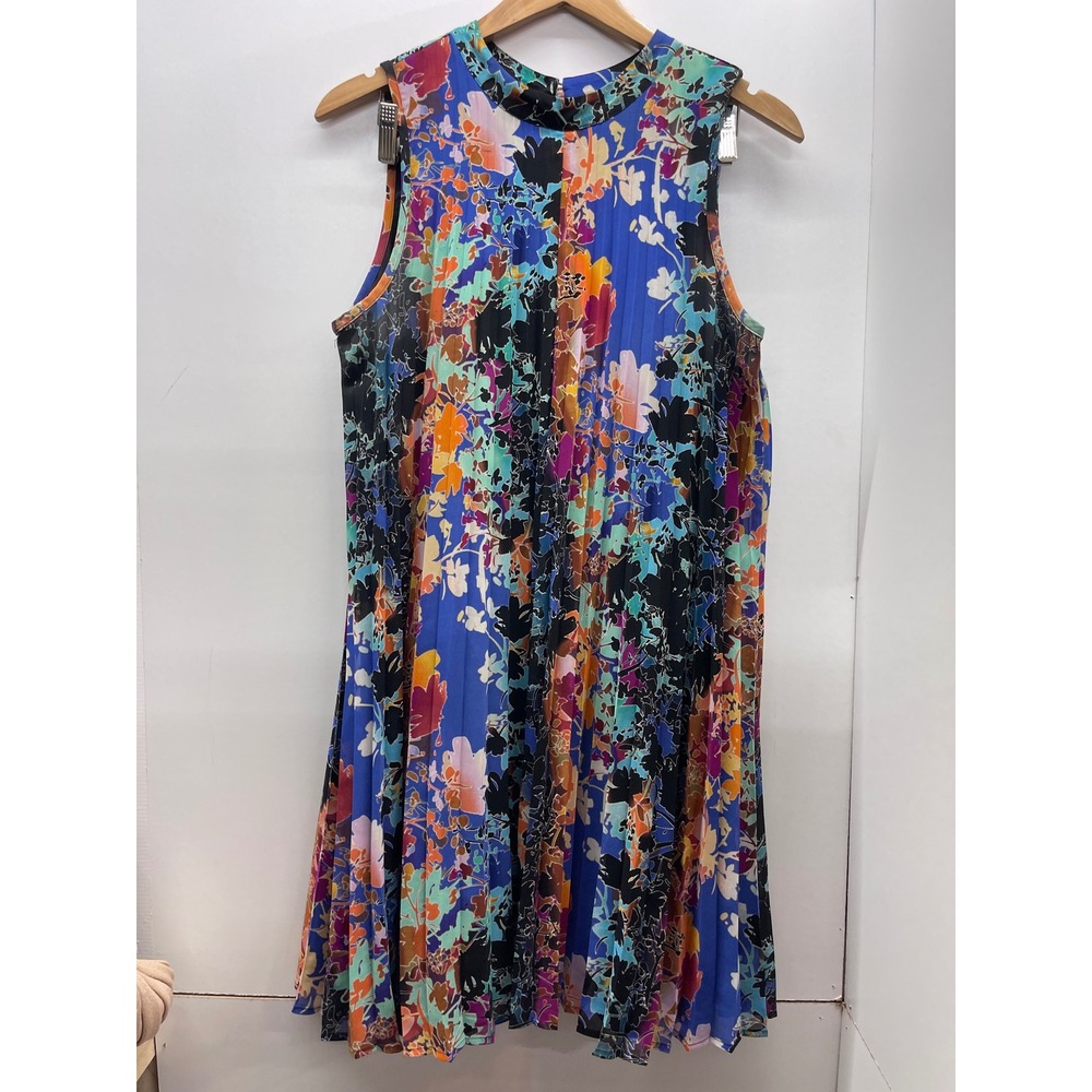 Nicole by Nicole Miller Floral Pleated Shift Dress Blue Orange Mock Neck Size 12